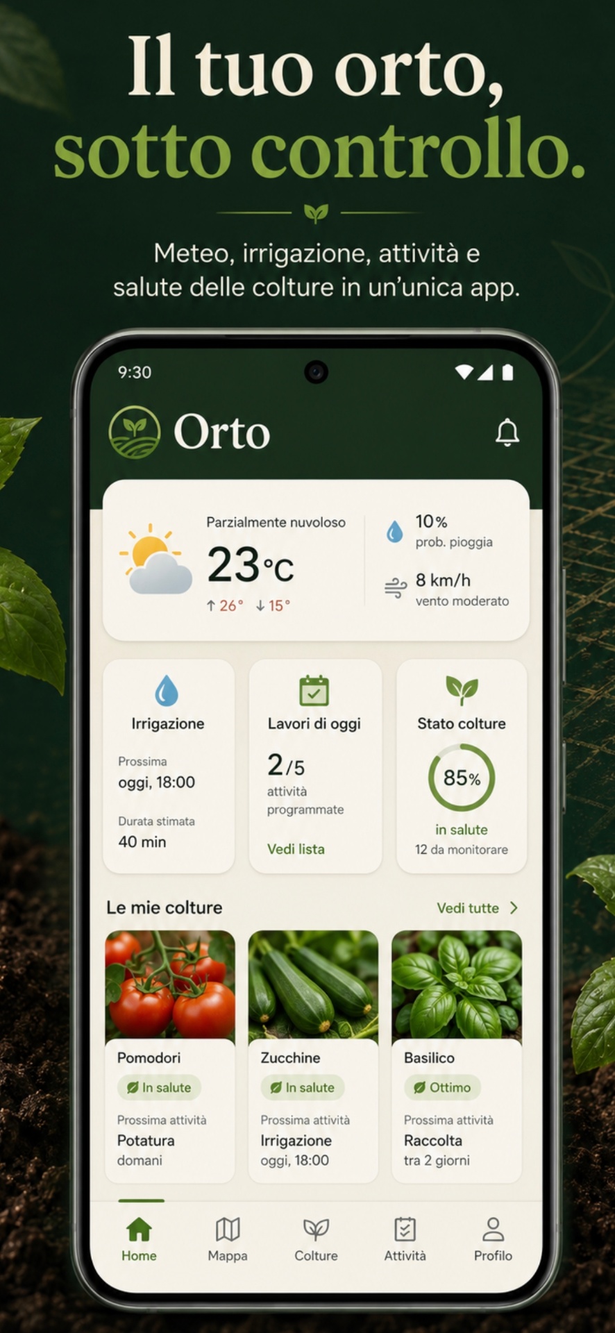 Schermata dell'app Orto: Home: meteo, irrigazione e stato colture