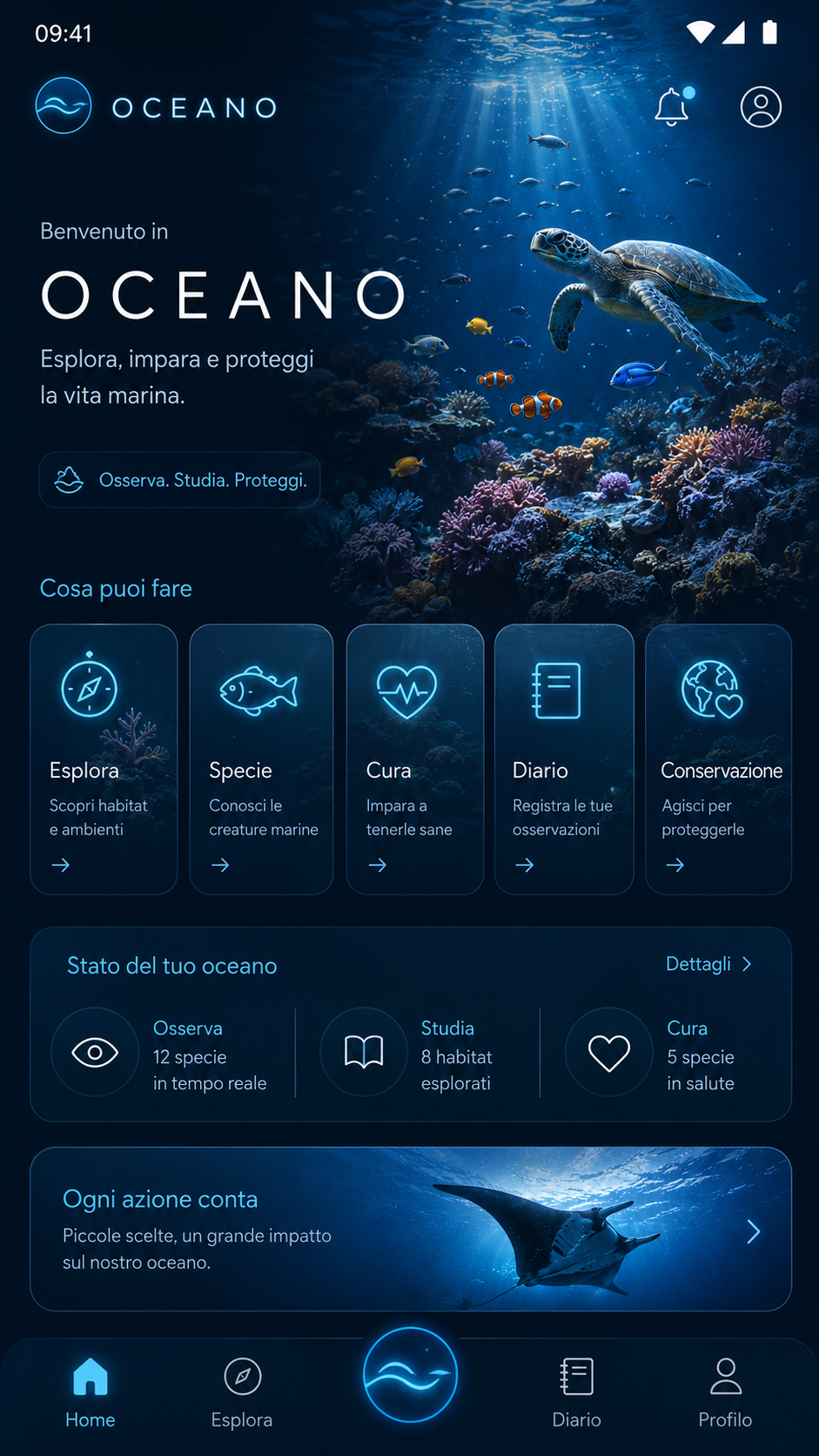 Home: benvenuto e stato del tuo oceano
