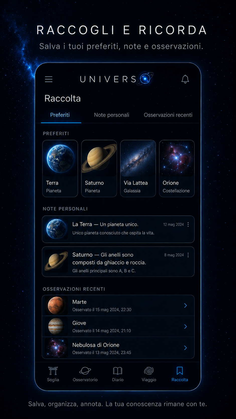 Raccolta personale con preferiti, note e osservazioni recenti